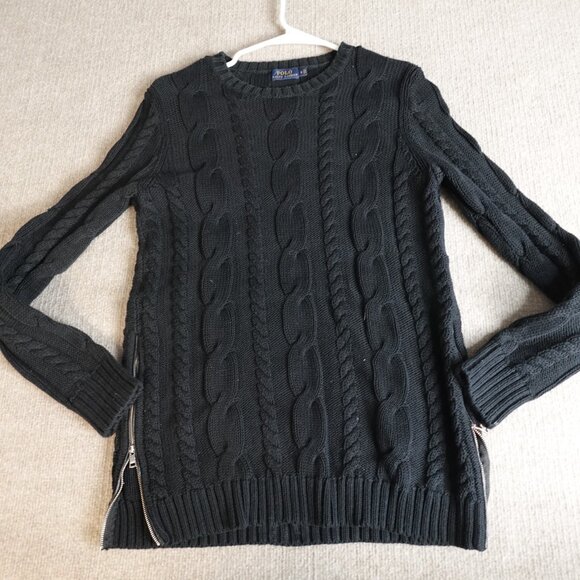 Polo Ralph Lauren Sweaters - Polo Ralph Lauren Womens Sweater Small Black Cable Knit Fisherman Side Zips